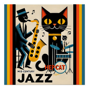 Poster Chat Noir HepCat d'Ère du Jazz Milieu du Siècle