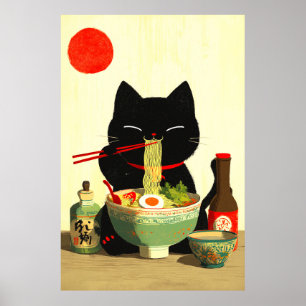 Poster Chat noir heureux mangeant du Ramen Ukiyo-e japo