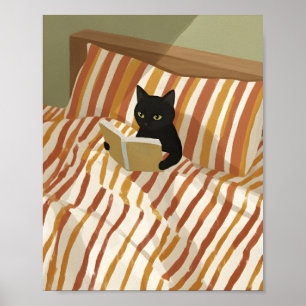 Poster Chat noir lisant au lit Chambre paisible Chat