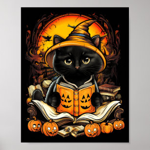 Poster Chat noir lisant des livres Citrouille Automne Ens