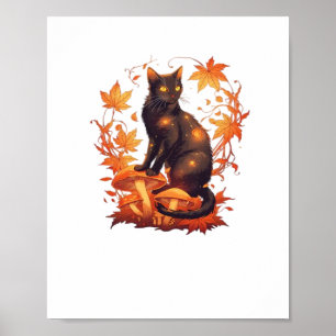 Poster Chat noir magique en Forêt d'automne - Fal céleste
