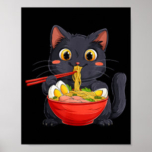 Poster Chat noir mangeant des nouilles Ramen dans le styl