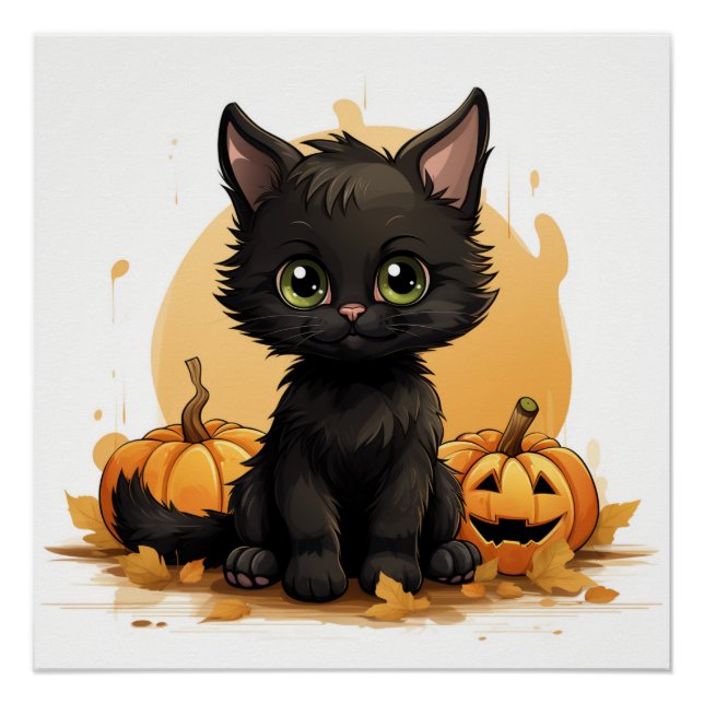 Poster Chat noir mignon avec Citrouille (Devant)