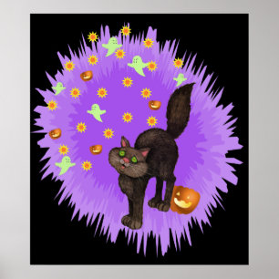 Poster Chat noir mignon Halloween Étoile violette éclate