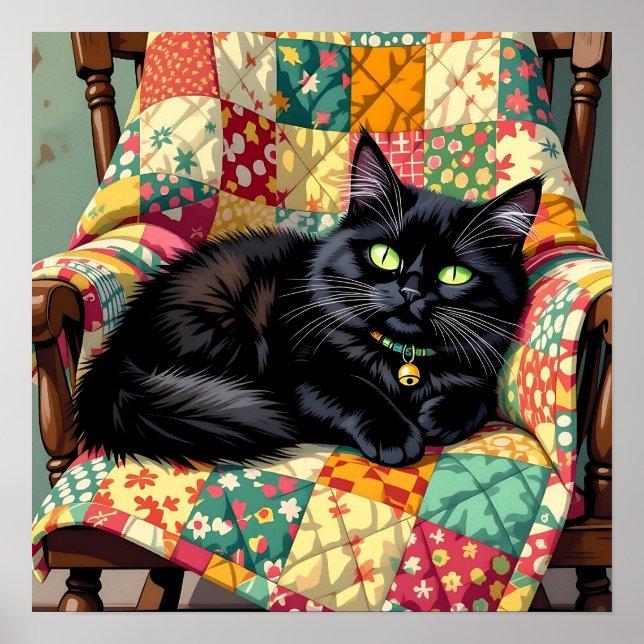 Poster Chat noir mignon sur chaise à rocher (Devant)
