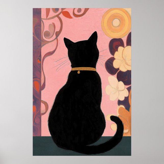 Poster Chat noir mystique sur Arrière - plan Abstrait ros (Devant)