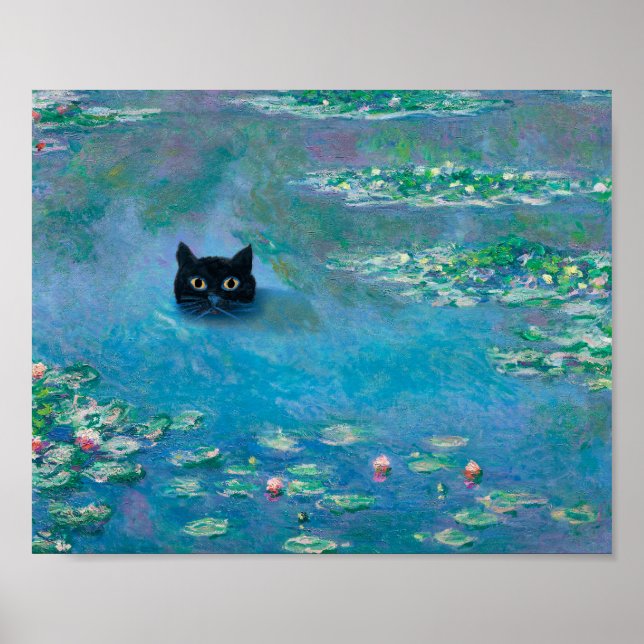 Poster Chat noir nage dans les nénuphars Découpage Art (Devant)