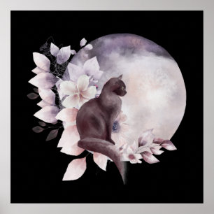 Poster Chat noir par une Pleine lune magique