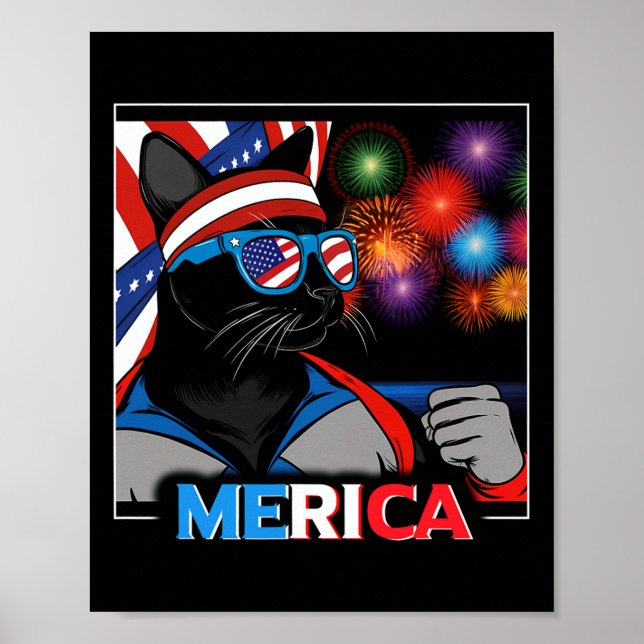 Poster Chat noir patriotique Fireworks (Devant)