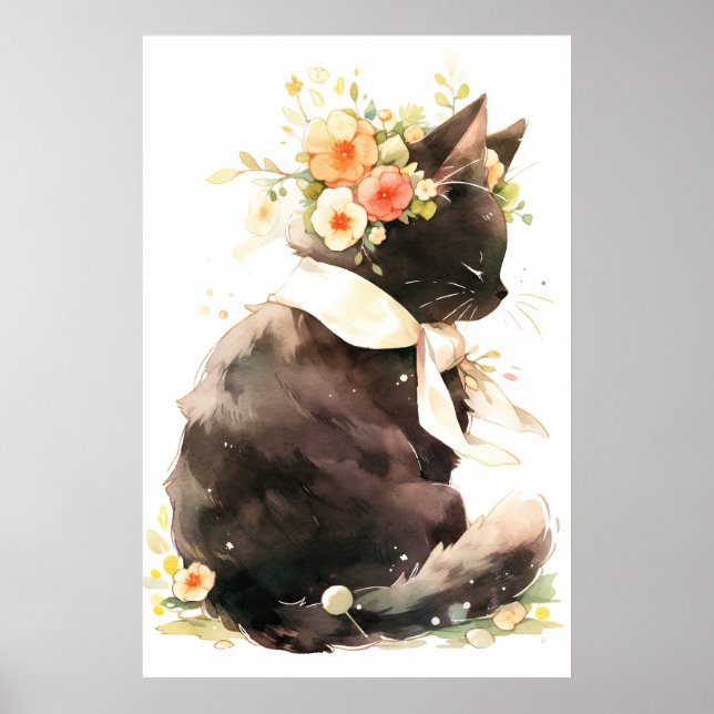 Poster Chat noir portant une couronne de fleurs (Devant)