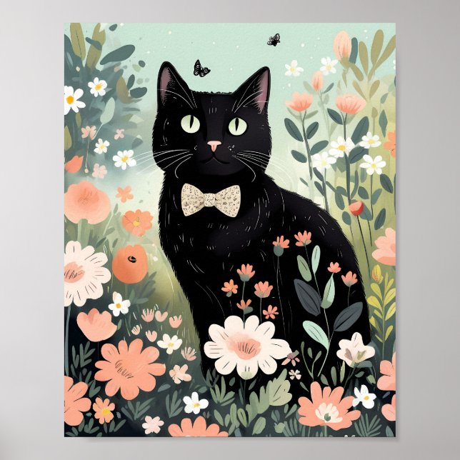 Poster Chat noir portant une cravate arc assise (Devant)