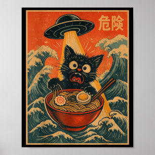 Poster Chat Noir Ramen Alien Ufo Drôle Japonais Kawaii An