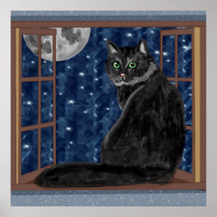 Poster Chat noir Regardant la Lune et les étoiles