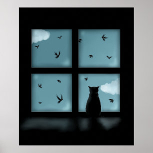 Poster Chat Noir Regardant Par La Fenêtre Au Ciel