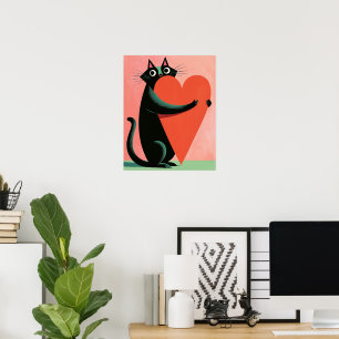 Poster Chat noir rétro milieu du siècle serrant un cœur