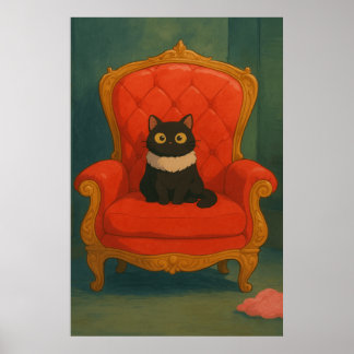 Poster Chat Noir Royal sur Trône Rouge