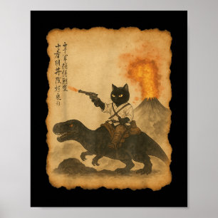 Poster Chat noir Samurai équitation Dinosaur Éruptio volc