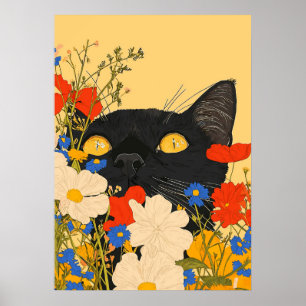 Poster Chat Noir Se Cachant Parmi Les Fleurs