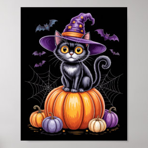 Poster Chat Noir Sur Citrouille Avec Chapeau De Sorcière 