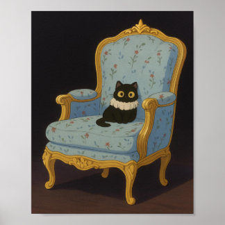 Poster Chat noir sur fauteuil armchair floral bleu