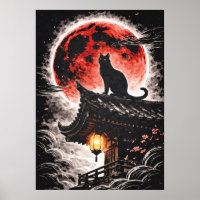 Chat noir sur toit de pagode, Lune rouge - Art jap