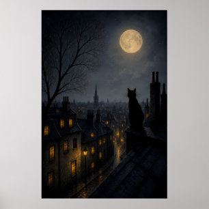 Poster Chat noir sur un toit au-dessus d'une ville endorm