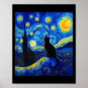 Poster Chat Noir Une Nuit Étoile - Amoureux des chats Fun