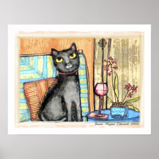 Poster Chat noir, Vin et Fleurs Beaux Art Imprimer (Devant)