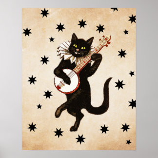 Poster Chat Noir Vintage Retro Jouer Banjo | Cadeau de ch
