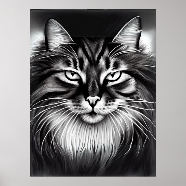 Poster Chat norvégien en noir et blanc (Devant)