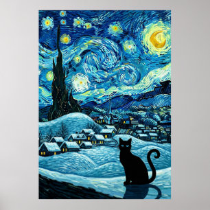 Poster Chat Nuit Étoilée Inspiré de Van Gogh Ciel Étoilé