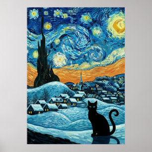 Poster Chat Nuit Étoilée Inspiré de Van Gogh Ciel Étoilé