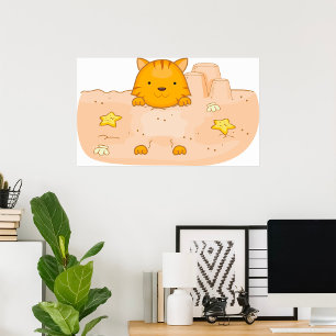 Poster Chat orange dans une scène de plage avec un châtea