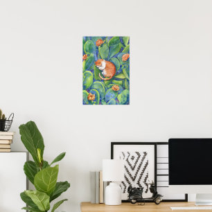 Poster Chat orange dormant parmi l'art fin des cactus en 