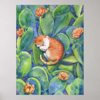 Poster Chat orange dormant parmi les cactus en fleurs Bea