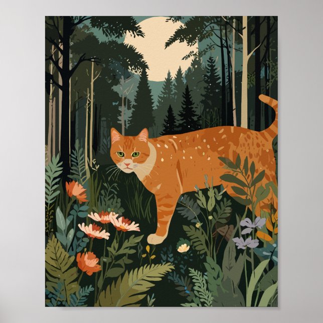 Poster Chat orange en forêt (Devant)
