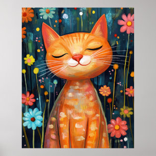 Poster Chat orange heureux fleurs fantaisistes