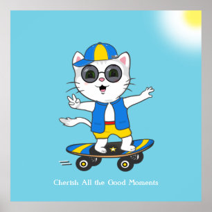 Poster Chat patineur heureux habillé en bleu et jaune.