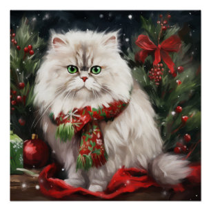 Poster Chat Persan à Noël sous la neige
