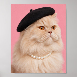 Poster Chat Persan au collier de perles et bérêt