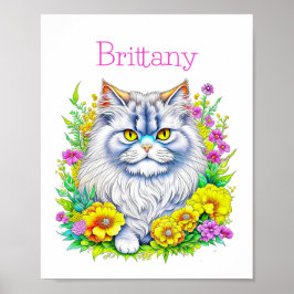 Poster Chat persan Fleurs jaunes et roses Personnalisées