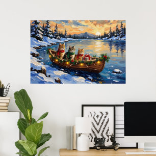 Poster Chat Persan Noël Bateau Fêtes