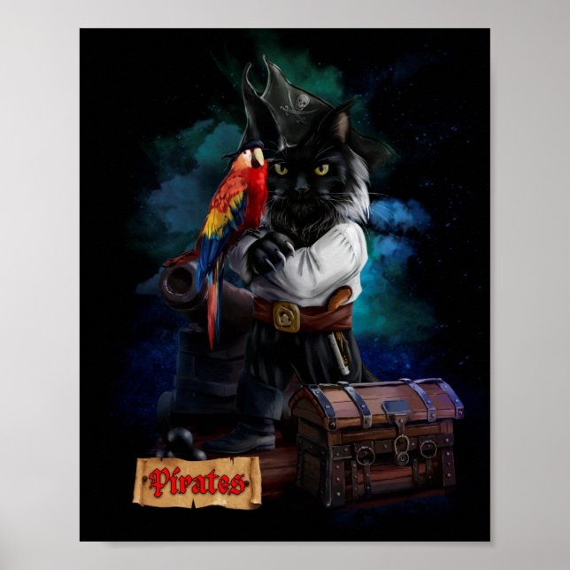 Poster Chat pirate et perroquet (Devant)