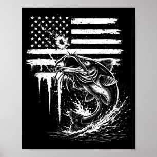Poster Chat-poisson drapeau américain amateur de pêche ho