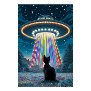 Poster Chat psychédélique et ovnis   Art amusant de l'enl