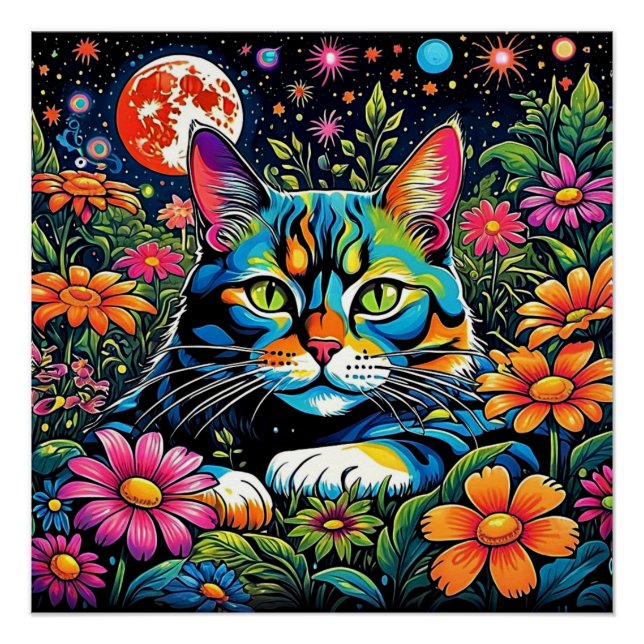 Poster Chat psychédélique parmi les fleurs (Devant)