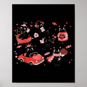 Poster Chat Rétro Noir Cœur Saint-Valentin Mignon Chatons