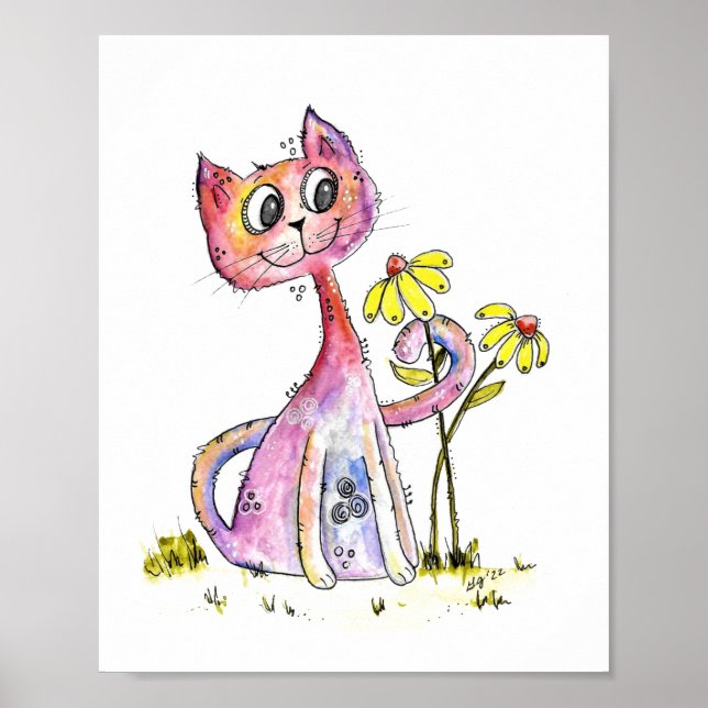 Poster Chat rose blanc mignon avec Fleurs Jaunes (Devant)