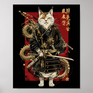Poster Chat Samurai Avec Dragon Kanji