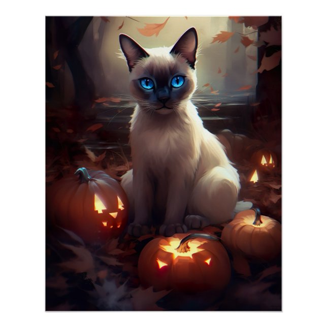 Poster Chat Siamais Halloween Avec Peur Citrouille (Devant)